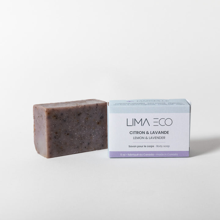 plastic-free soap bar, made in Montreal, essential oils of lavender and lemon, this bar is very moisturizing and gently exfoliates dead skin.